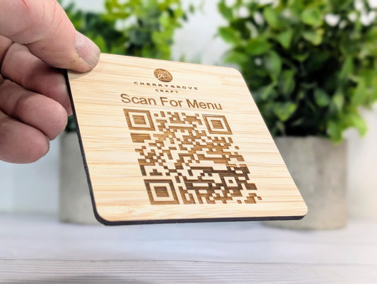 Personalised Bamboo QR Code Coaster | Scan For Menu QR Code with Logo | Eco Friendly Cafe, Restaurant, Pub Promo | Custom Social Media