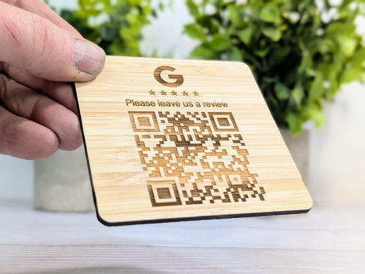 Personalised Bamboo QR Code Coaster | Google Reviews QR Code with Logo | Eco Friendly Shop, Cafe, Restaurant, Pub Promotional Drink Mats