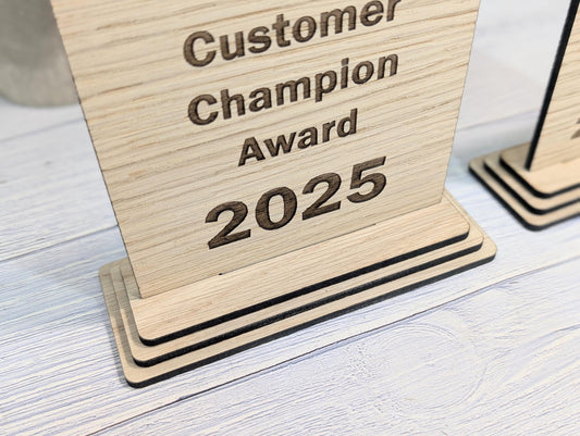 Freestanding Wooden Customer Champion Award – Custom Text and Logo – Oak Finish, Flat Pack Trophy – Eco Friendly Display, 2 Sizes
