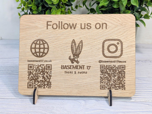 Wooden Social Media Sign | Custom QR Codes for Website, Instagram & Facebook | Handmade Sustainable Craft | Market Stall Signage Plaque