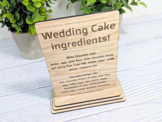 Wedding Cake Food Allergy Sign – Custom Engraved Personalised Wooden Safety Notice, Catering, Baking, Intolerance & Coeliac Info for Events