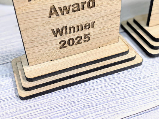 Freestanding Wooden Innovation Award Trophy – Custom Text and Logo – Oak Finish, Flat Pack – Business Awards, Eco Friendly Display, 2 Sizes