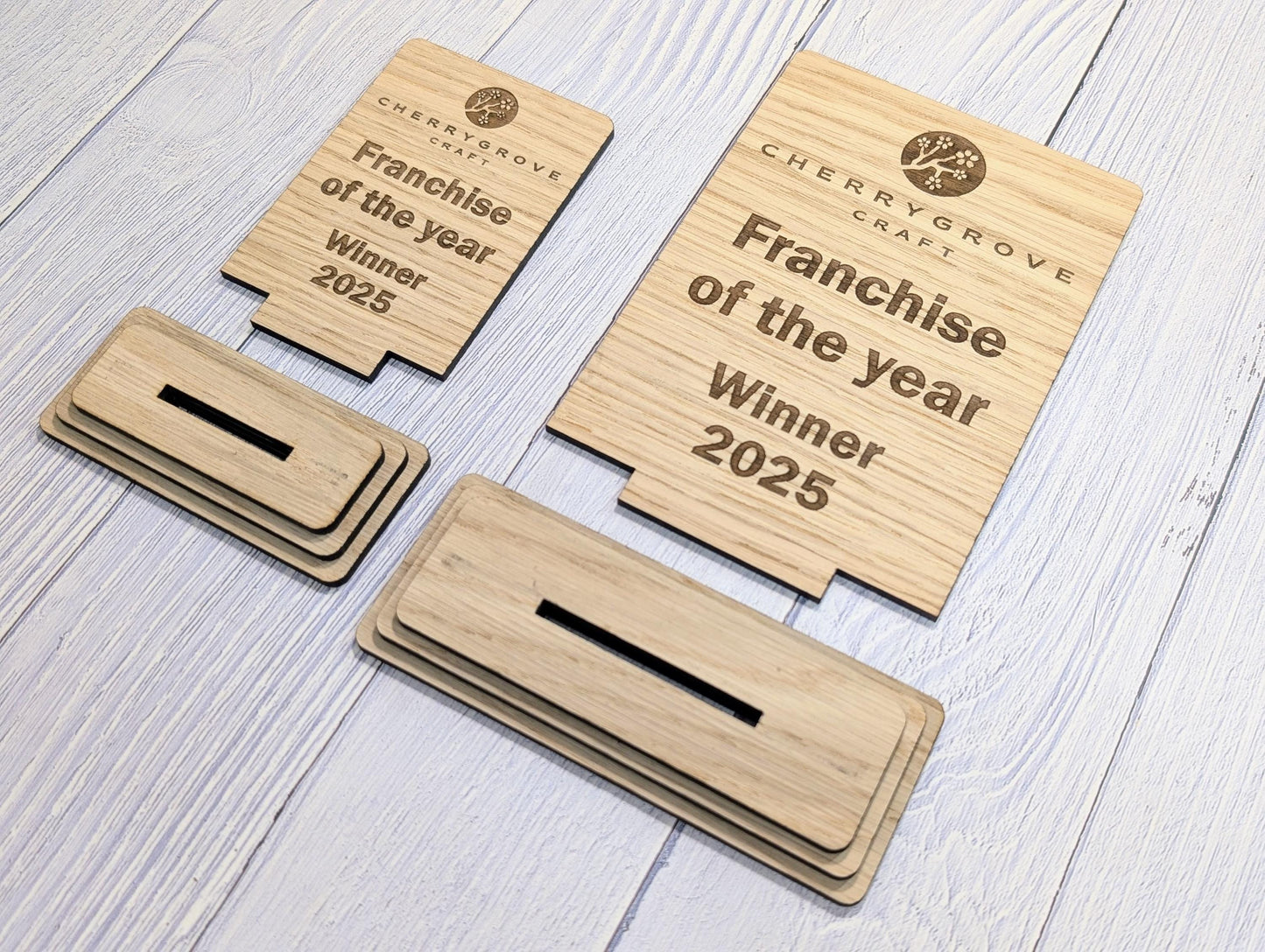 Freestanding Wooden Business Award Trophy – Custom Text & Logo – Franchise of the Year Example – Eco Friendly, Flat Pack, 2 Sizes