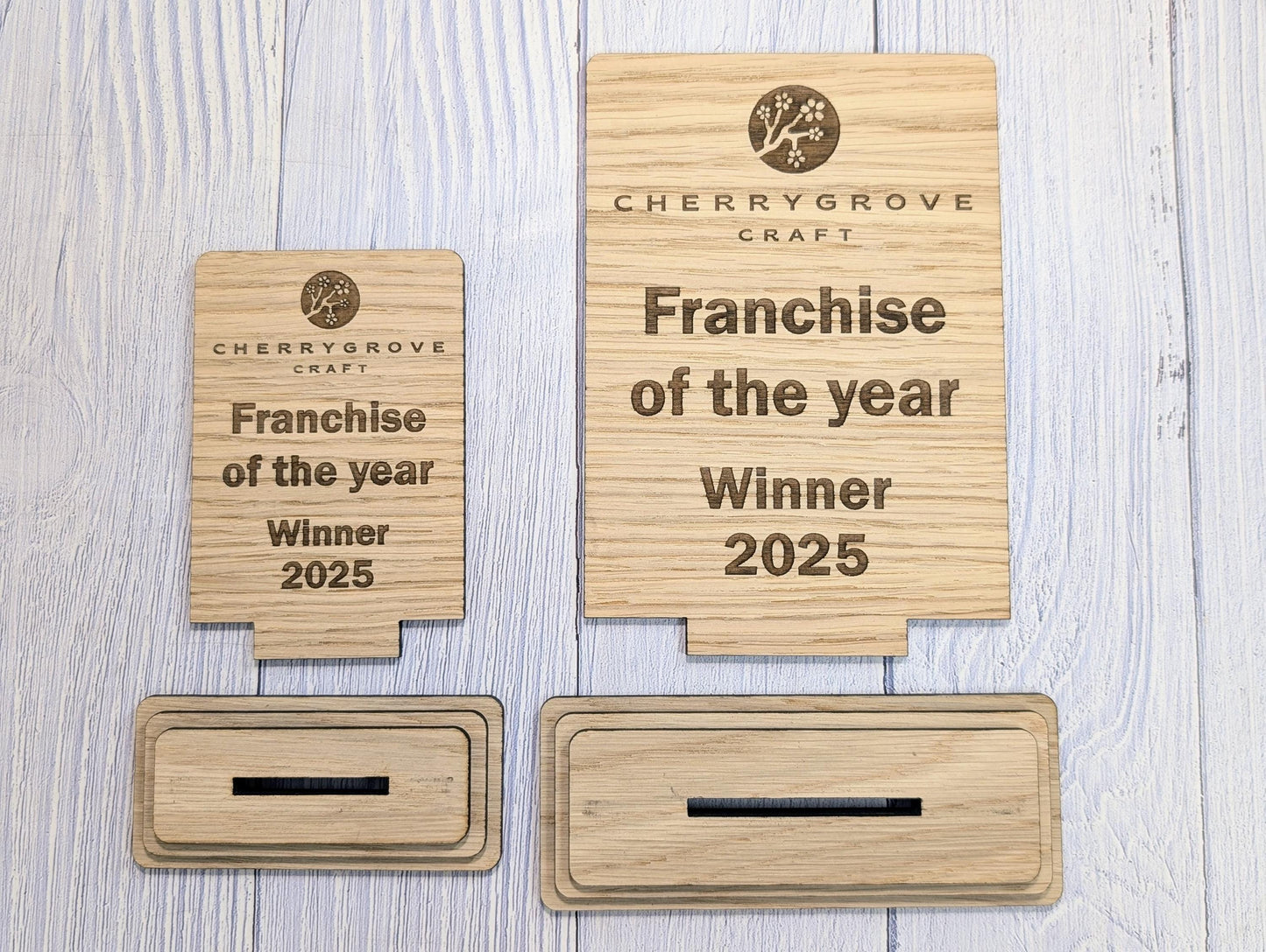 Freestanding Wooden Business Award Trophy – Custom Text & Logo – Franchise of the Year Example – Eco Friendly, Flat Pack, 2 Sizes