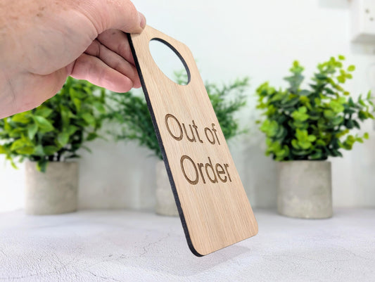 Out of Order Door Hanger – Oak Veneered Sign, Personalised Wooden Door Sign, Handmade in Wales, Plastic-Free Packaging