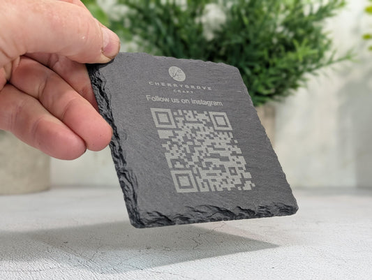 Social Media Slate Coaster – Engraved QR Code Business Promo, Follow Us Coaster, Handmade in Wales, Plastic-Free Packaging