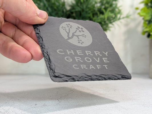 Custom Logo Slate Coaster – Branded Business Coaster, Engraved Drink Mat for Shops, Salons, Cafés, Pubs, Restaurants, Handmade in Wales