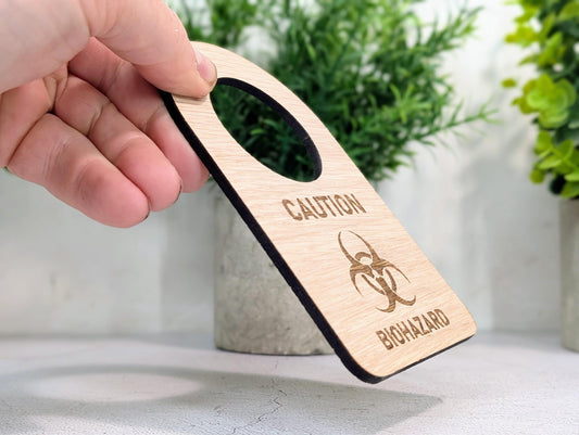 Caution Biohazard Door Hanger – Oak Veneered Sign with Symbol, Indoor Use Only, Plastic-Free Packaging, Handmade from Wood