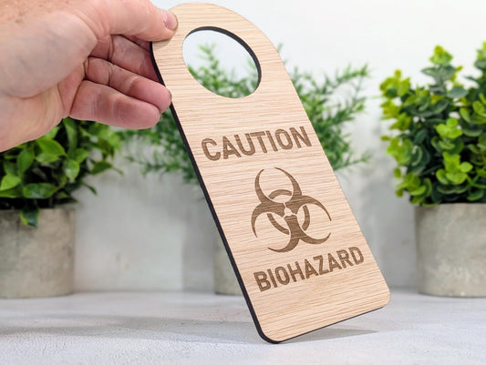 Caution Biohazard Door Hanger – Large Oak Veneered Safety Sign with Symbol, Hospital Lab Clinic Use, Handmade in Wales