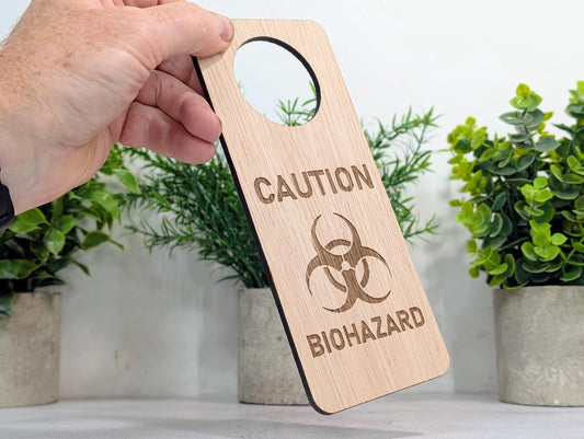 Caution Biohazard Door Hanger – Tall Oak Veneered Safety Sign, Wooden Single Sided, Handmade in Wales, Eco Packaging