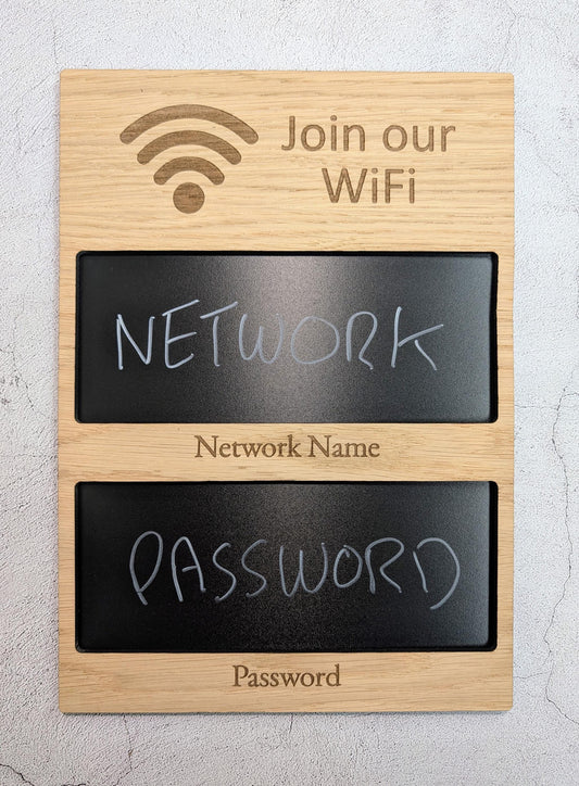 WiFi Sign with Blackboard | Oak | No Logo | Reusable Chalk Password Display