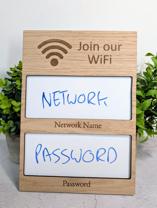WiFi Sign with Whiteboard | Oak | No Logo | Reusable Password Display