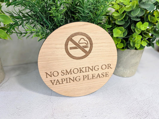 Large 150mm circular no smoking or vaping sign on office door — oak veneer, laser engraved