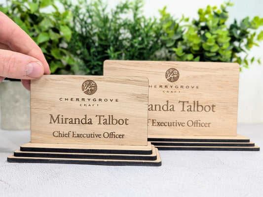 Personalised Wooden Desk Name Plate with Logo – Custom Name & Job Title Sign | Oak Veneer, Professional Office Gift, Handmade in Wales - CherryGroveCraft