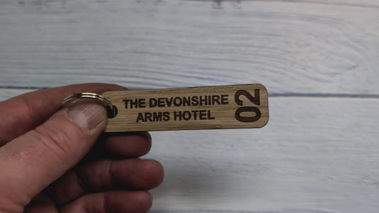 Personalised Hotel Room Number Keyrings with Hotel Name - High-Quality Oak Veneered MDF - Ideal for Hotels, B&Bs, and Guest Houses
