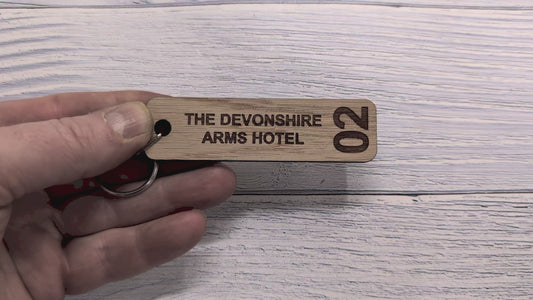 Personalised Hotel Room Number Keyrings 90 x 25mm with Hotel Name - High-Quality Oak Veneered MDF - Ideal for Hotels, B&Bs, and Guest Houses