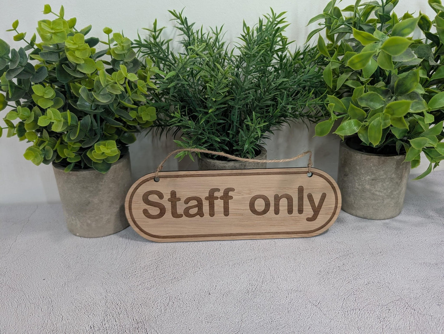 Custom wording oak door sign example — personalised text option