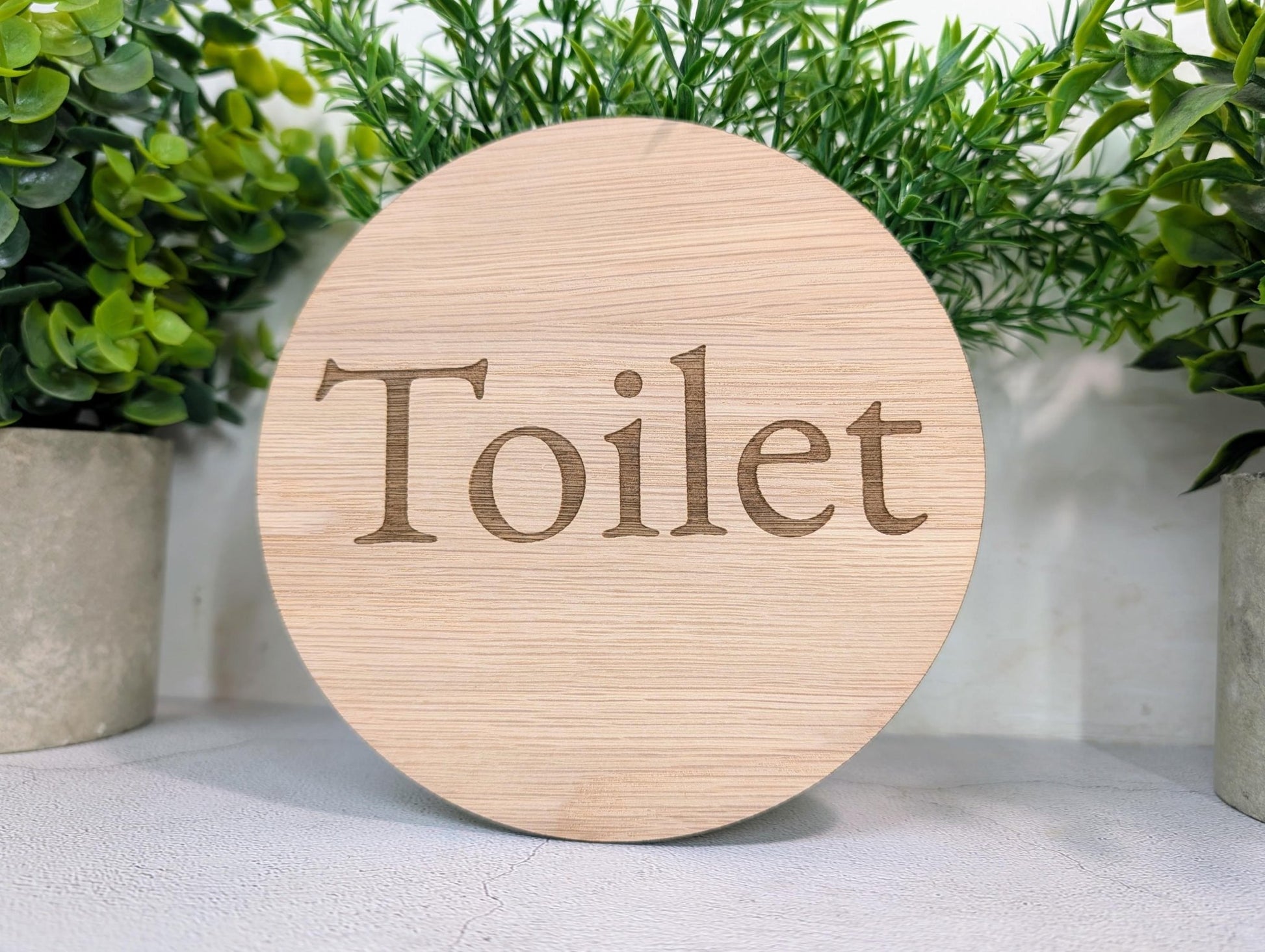 Toilet Door Sign – Circular Oak Veneered Wooden Bathroom Sign, Indoor Use Only, Handmade in Wales, Plastic - Free Packaging, 2 Sizes - CherryGroveCraft