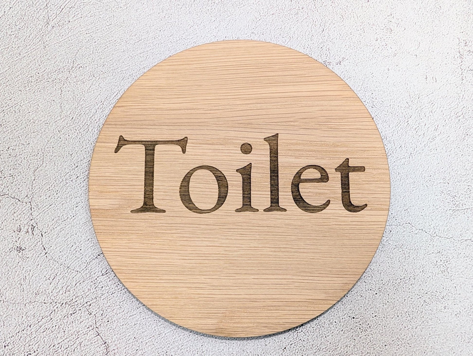 Toilet Door Sign – Circular Oak Veneered Wooden Bathroom Sign, Indoor Use Only, Handmade in Wales, Plastic - Free Packaging, 2 Sizes - CherryGroveCraft