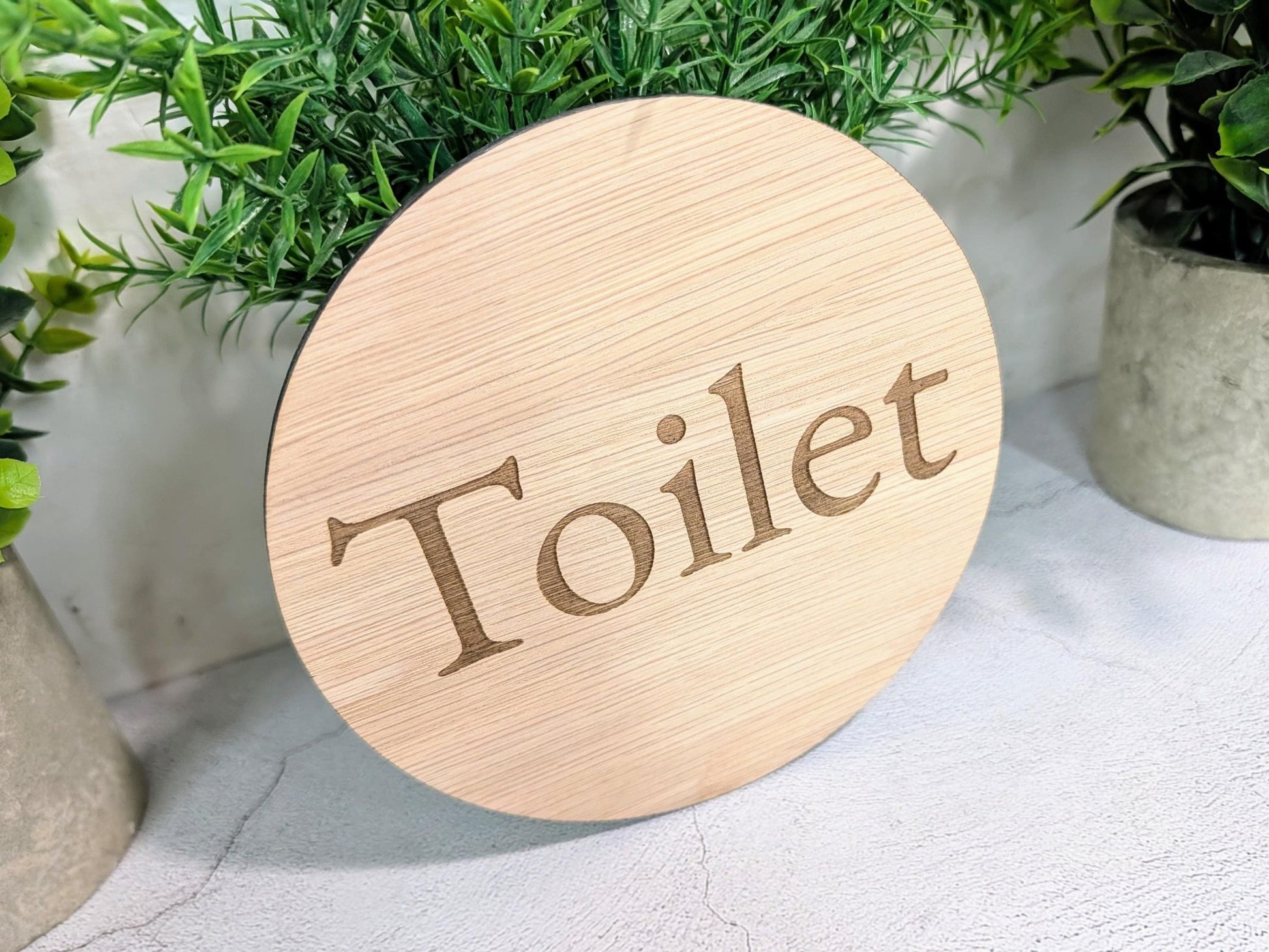 Toilet Door Sign – Circular Oak Veneered Wooden Bathroom Sign, Indoor Use Only, Handmade in Wales, Plastic - Free Packaging, 2 Sizes - CherryGroveCraft