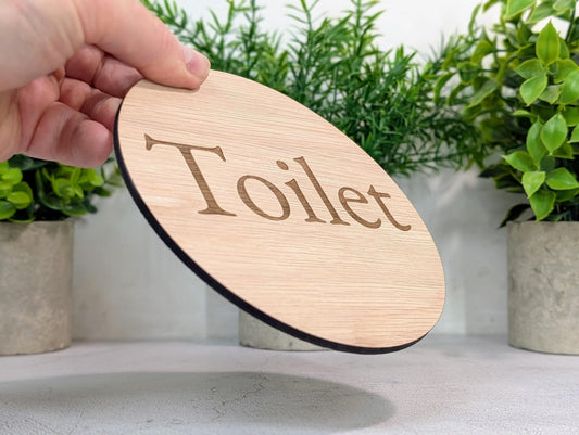 Toilet Door Sign – Circular Oak Veneered Wooden Bathroom Sign, Indoor Use Only, Handmade in Wales, Plastic - Free Packaging, 2 Sizes - CherryGroveCraft