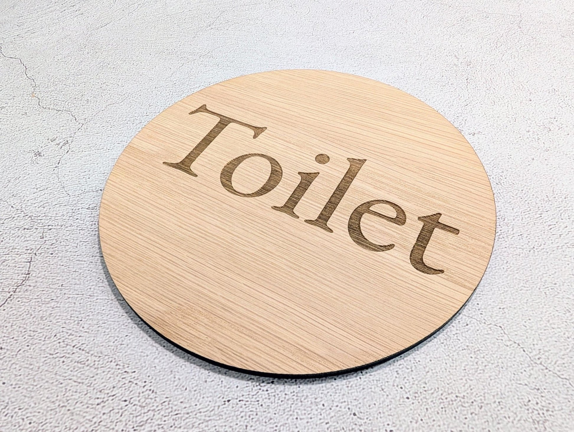 Toilet Door Sign – Circular Oak Veneered Wooden Bathroom Sign, Indoor Use Only, Handmade in Wales, Plastic - Free Packaging, 2 Sizes - CherryGroveCraft