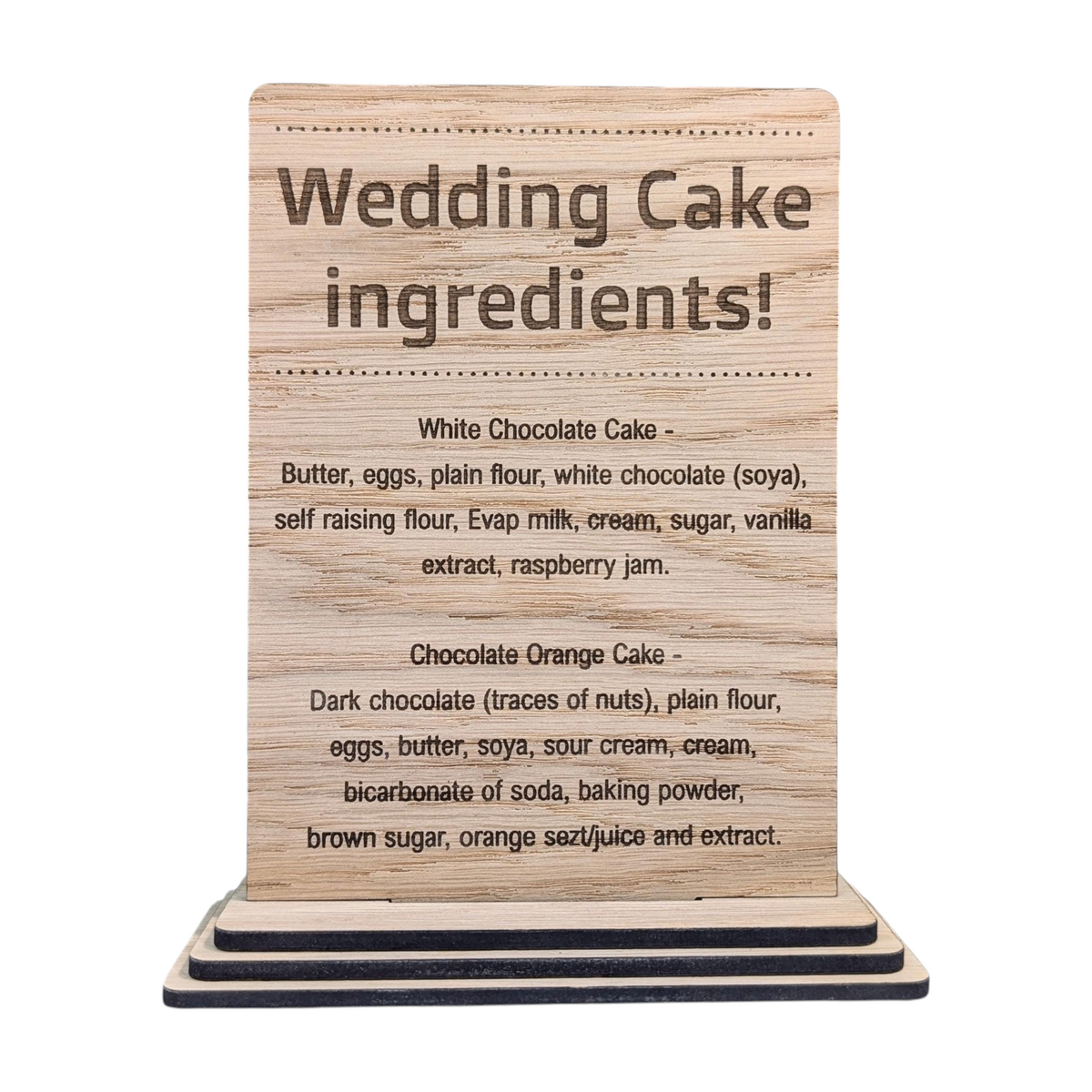 Wedding Cake Food Allergy Sign | Freestanding Wooden | Oak