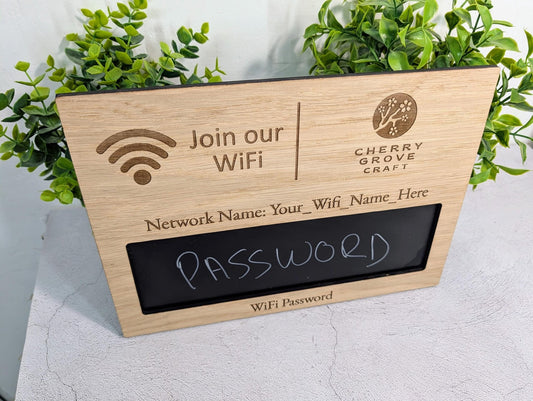 Wipeable WiFi blackboard sign — engraved network name, A4 landscape