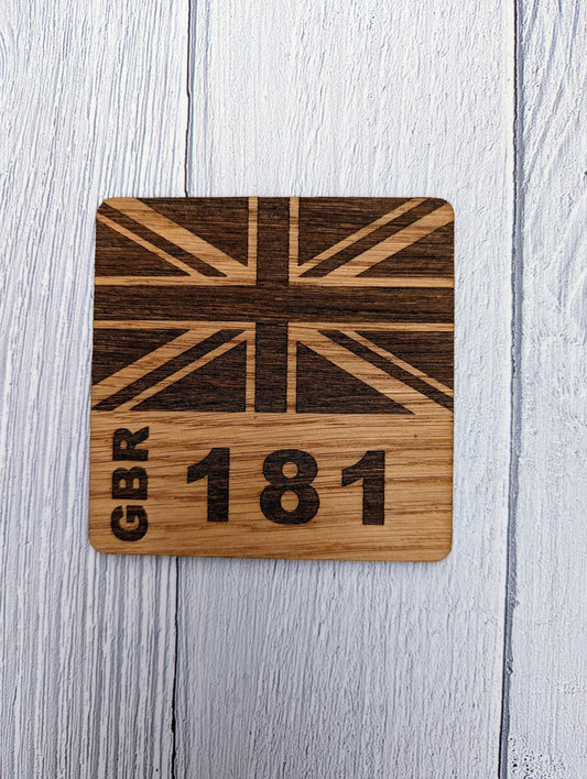 Personalised Sailing Coasters, Your Boat Name OR Sail Number & Union Jack Flag, 6 Oak Veneered Sailing Coasters