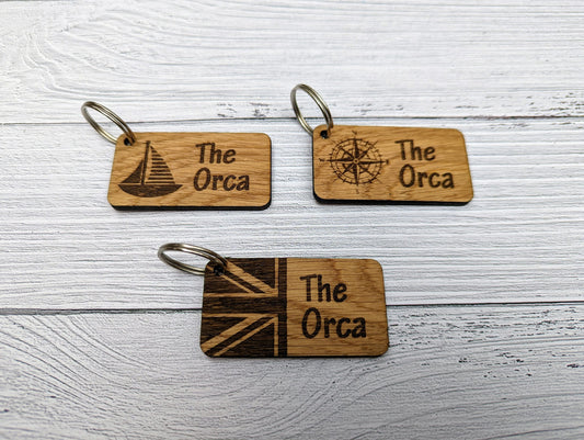 Sailing & Boat Keyrings, Personalised With Boat Name, Nautical Gift, Oak