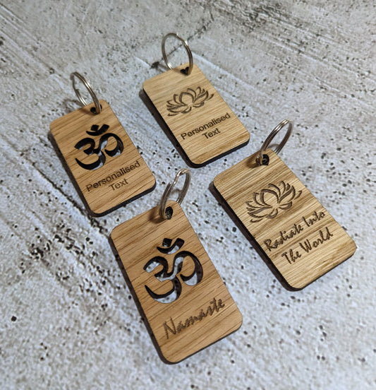Personalised Yoga Keyrings, Engraved Wooden Lotus Flower & Namaste Keyrings