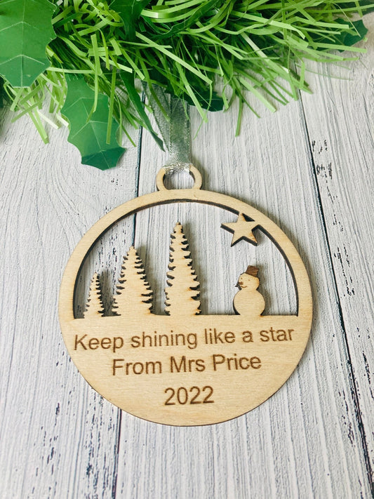 School Christmas bauble, Snowflake design with pupil's name engraved on oak