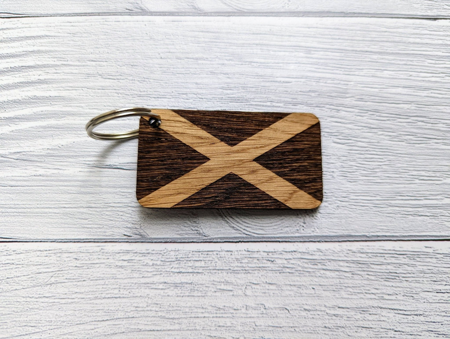 Scottish Flag Keyrings, Scottish Gifts, Oak Veneered, Saltire Keyfob - CherryGroveCraft