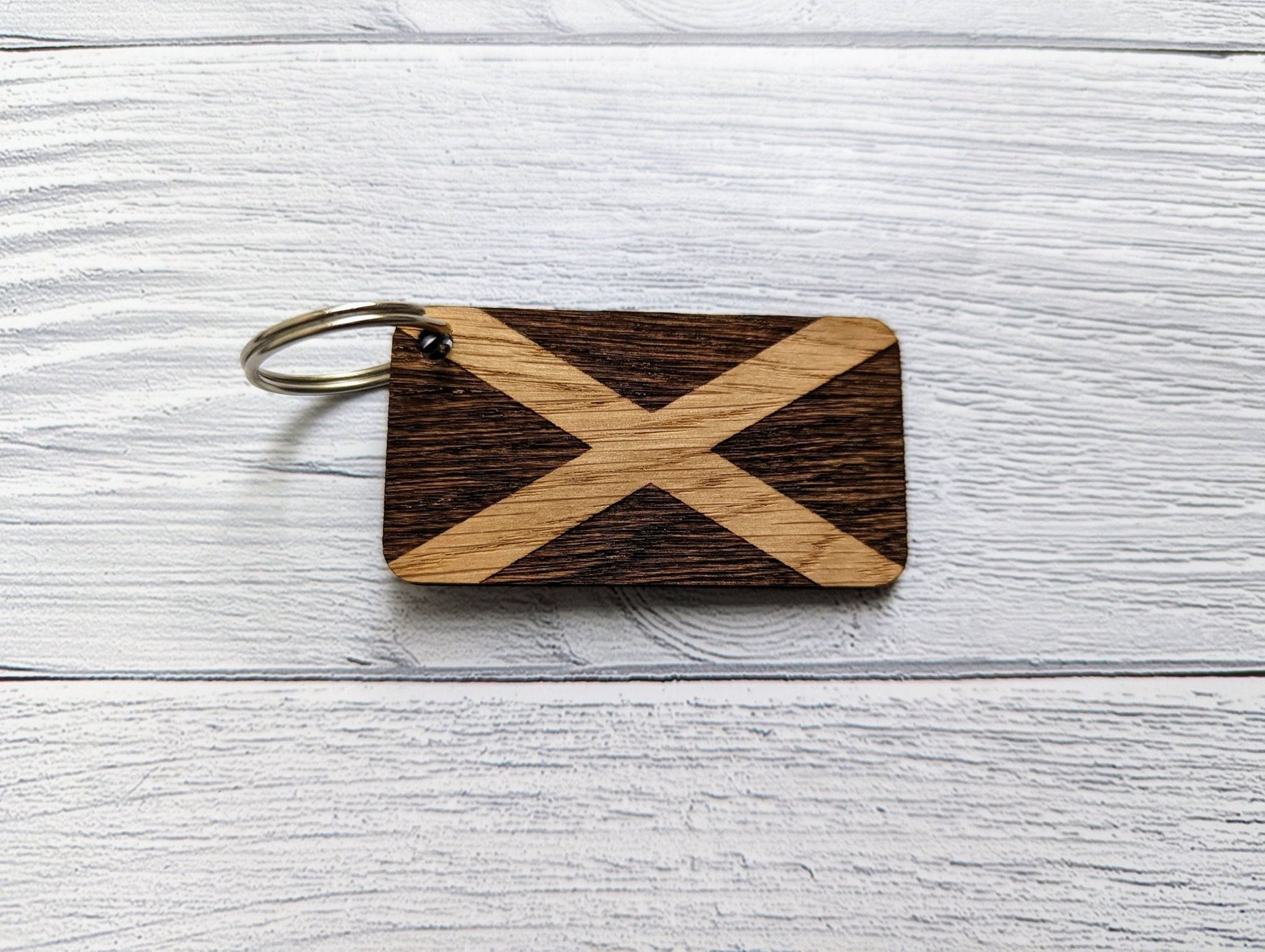 Scottish Flag Keyrings, Scottish Gifts, Oak Veneered, Saltire Keyfob - CherryGroveCraft