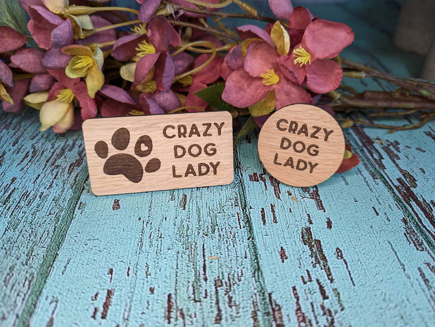 Unique 'Crazy Dog Lady' Oak Veneer Pin Badge: Eco-Friendly Dog Lover Accessory, Perfect Gift for Dog Moms, Rustic Style, Sustainable Wood - CherryGroveCraft