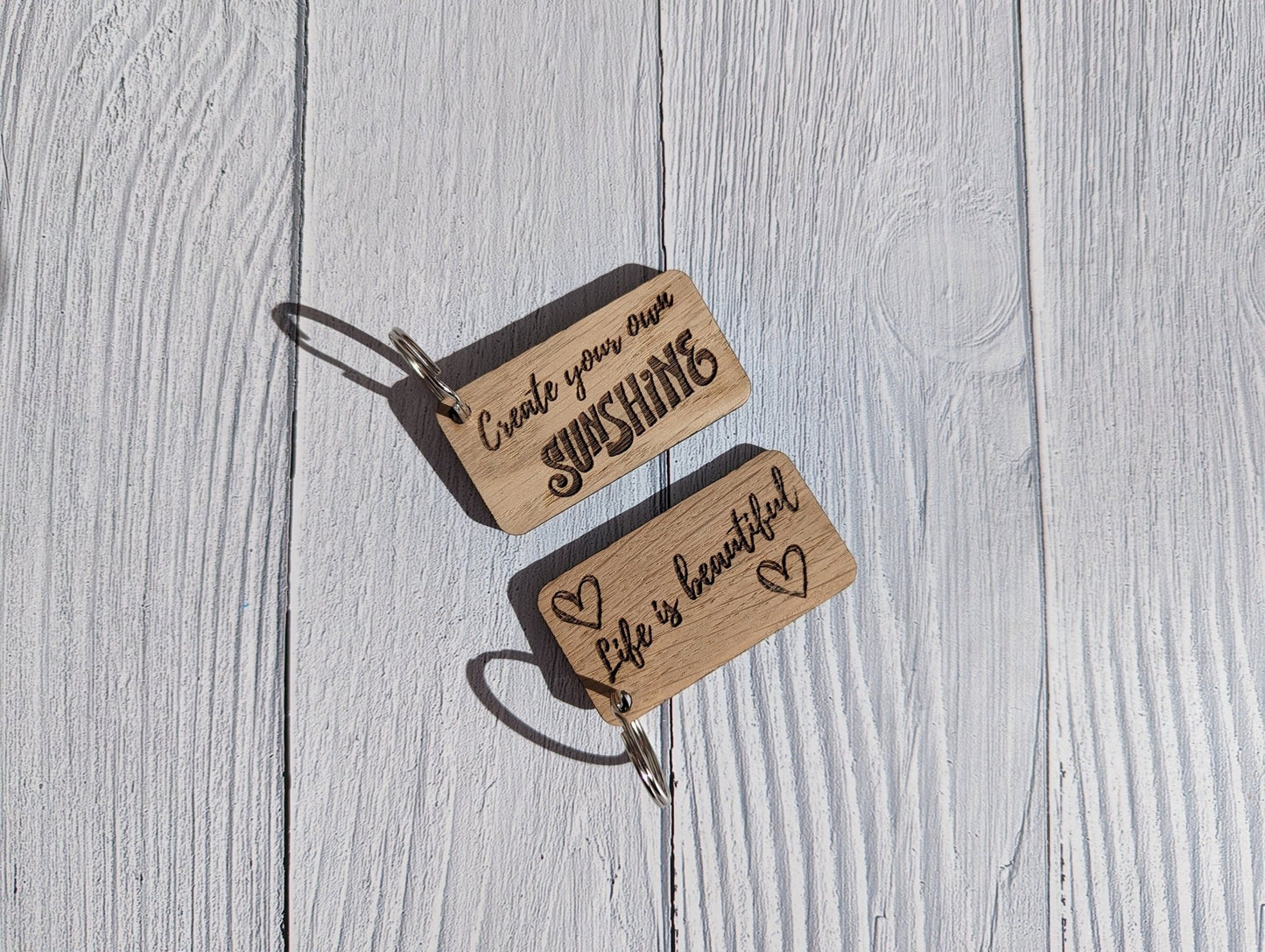 Uplifting Keyrings - 'Create Your Own Sunshine' or 'Life is Beautiful' - CherryGroveCraft