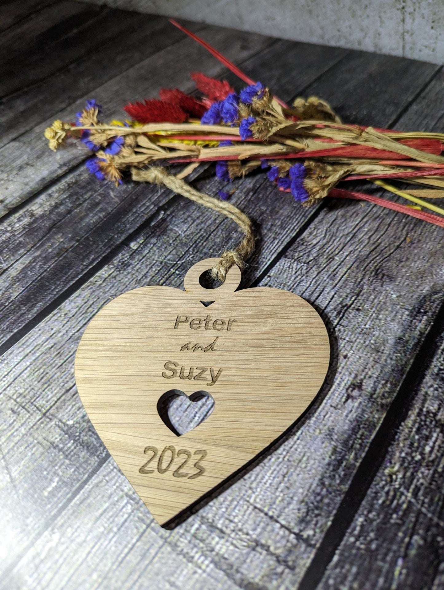 Wooden Personalised Heart Shaped Bauble, Birthday Gift | Valentine, Engagement, Anniversary or Wedding Gift, Oak - CherryGroveCraft