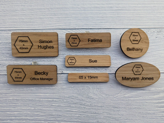 Custom oak wooden name badges with company logo — engraved staff badges for hospitality and retail