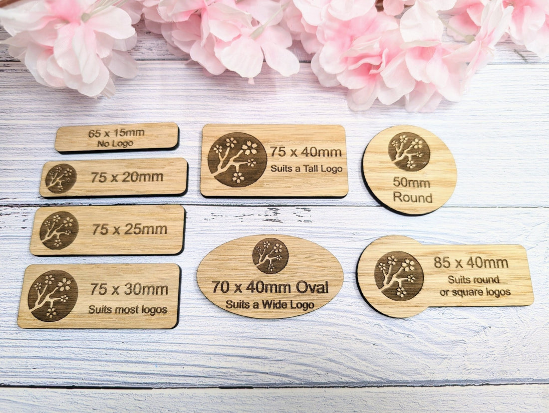 Wooden name badges in FSC-certified oak veneered MDF in several sizes, with pin or magnetic fastening