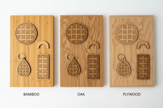 Bamboo, oak and plywood compared for engraved signs, keyrings and door hangers
