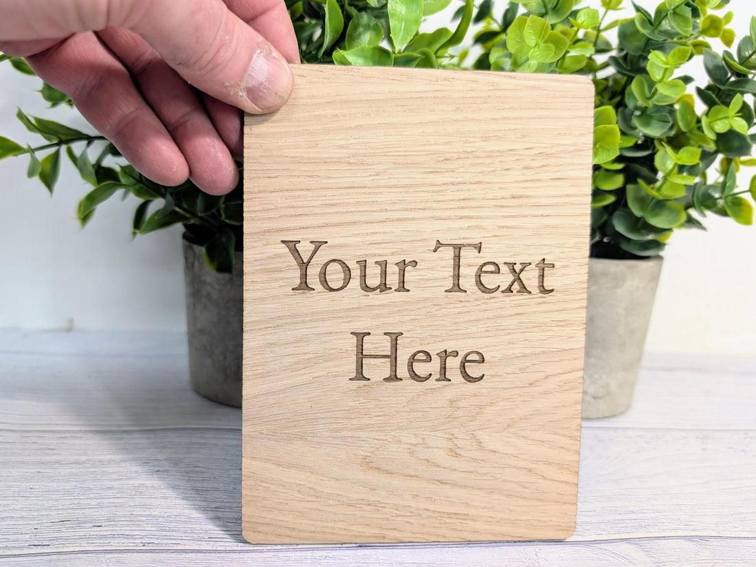 Sign engraved with personalised custom text on FSC-certified oak veneered MDF