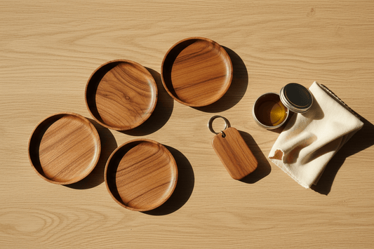 Oak coaster and keyring finished with Danish oil, illustrating food safety