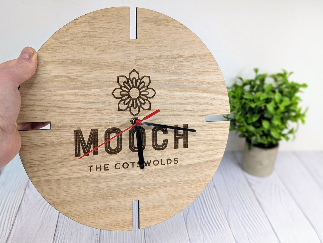 personalised oak wall clock with custom text or logo