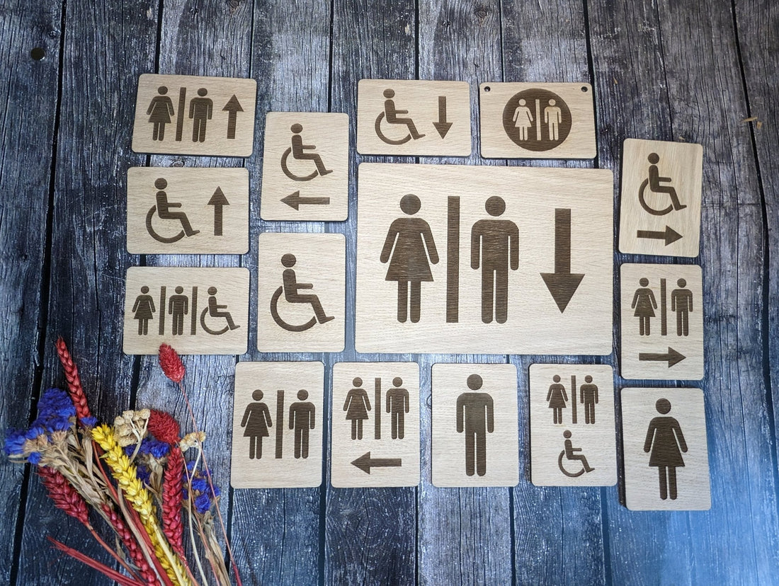Oak toilet sign for men, women and accessible toilets, 102 × 74mm