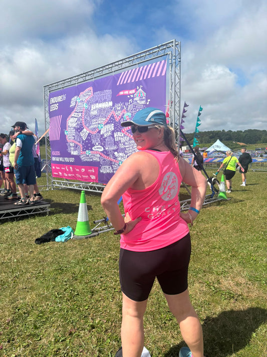 Suzy in a Cherry Grove Craft vest at the Endure24 Leeds finish line