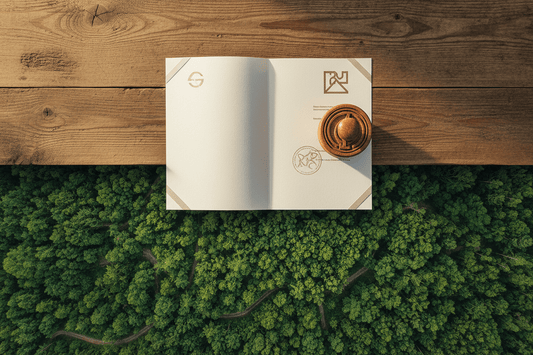 Open notebook resting on a wooden surface beside green moss, illustrating FSC chain of custody record-keeping