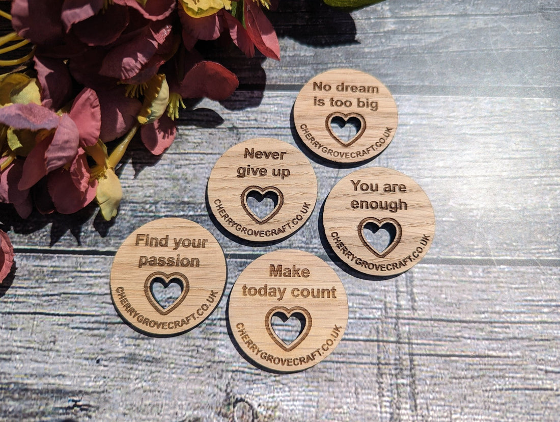 Branded promotional coins: 43mm FSC-certified oak veneered MDF discs with an engraved logo