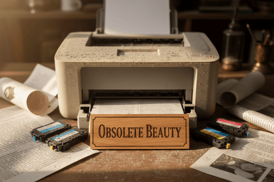 Old desktop printer on a cluttered desk beside a small engraved wooden sign reading Obsolete Beauty
