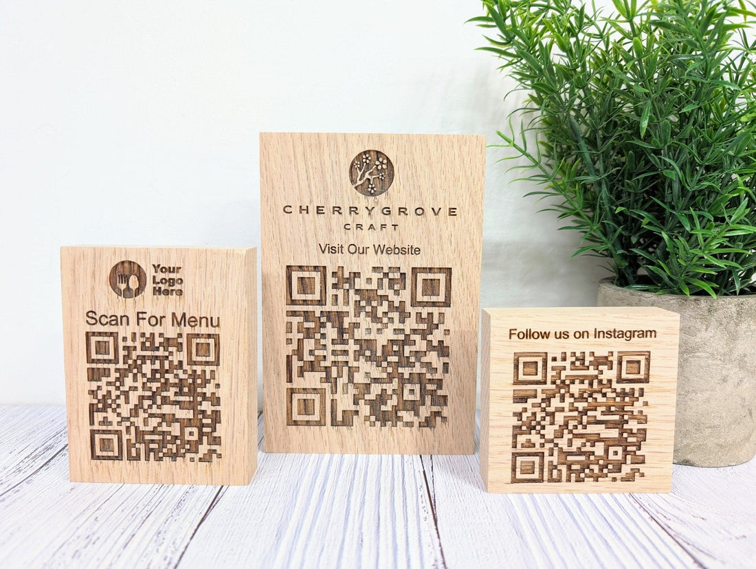 Double-sided QR code oak blocks with logo — 3 sizes