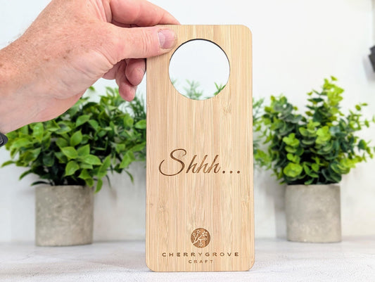 5mm premium bamboo hotel door hanger engraved Shhh, on door handle